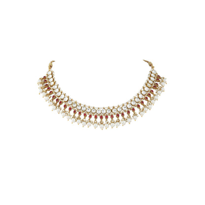 RIANA JEWELLERY White and Pink Small Jadtar Stone Single Line Necklace With Pearl (Set of 2)
