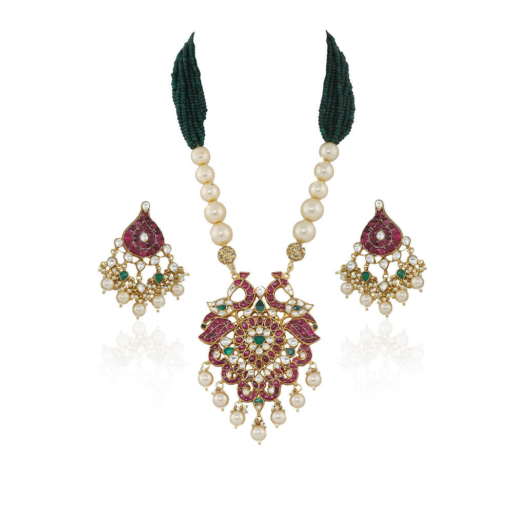 RIANA JEWELLERY Peacock Pendant With More Pink Stones (Set of 2)