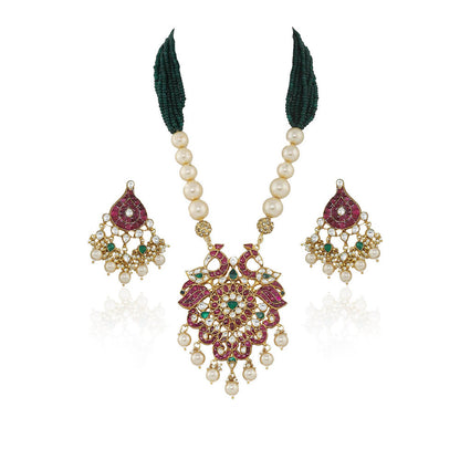 RIANA JEWELLERY Peacock Pendant With More Pink Stones (Set of 2)