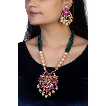 RIANA JEWELLERY Peacock Pendant With More Pink Stones (Set of 2)