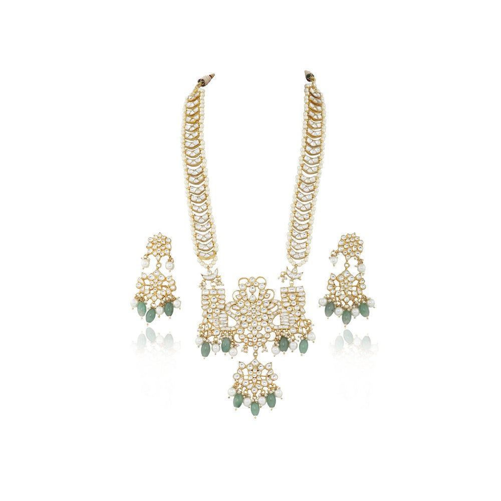 RIANA JEWELLERY White Jadtar Stone Peacock Long Pendant Set With Sea Green Beads (Set of 2)