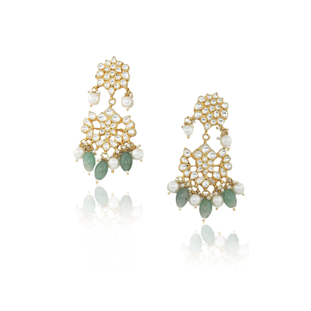 RIANA JEWELLERY White Jadtar Stone Peacock Long Pendant Set With Sea Green Beads (Set of 2)