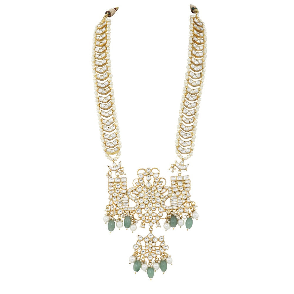 RIANA JEWELLERY White Jadtar Stone Peacock Long Pendant Set With Sea Green Beads (Set of 2)