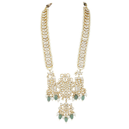 RIANA JEWELLERY White Jadtar Stone Peacock Long Pendant Set With Sea Green Beads (Set of 2)
