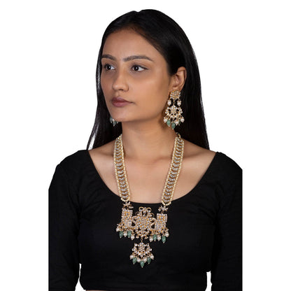 RIANA JEWELLERY White Jadtar Stone Peacock Long Pendant Set With Sea Green Beads (Set of 2)