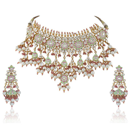 RIANA JEWELLERY Light Green and Pink Meena Work Necklace Set With Pearl (Set of 2)