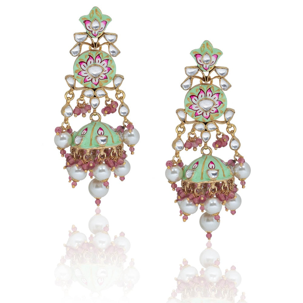RIANA JEWELLERY Light Green and Pink Meena Work Necklace Set With Pearl (Set of 2)