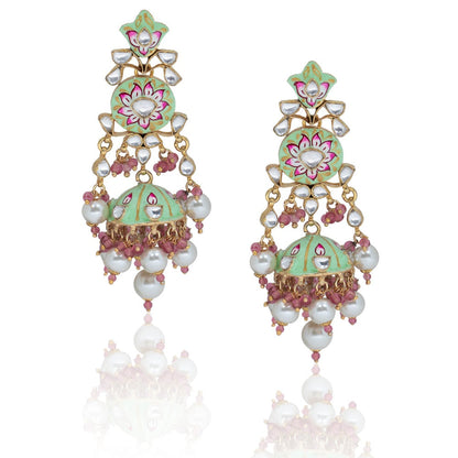 RIANA JEWELLERY Light Green and Pink Meena Work Necklace Set With Pearl (Set of 2)