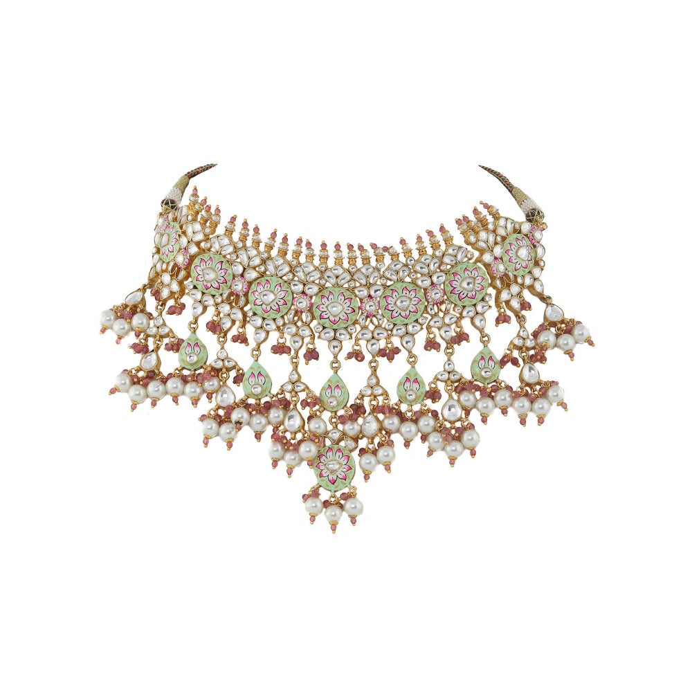 RIANA JEWELLERY Light Green and Pink Meena Work Necklace Set With Pearl (Set of 2)