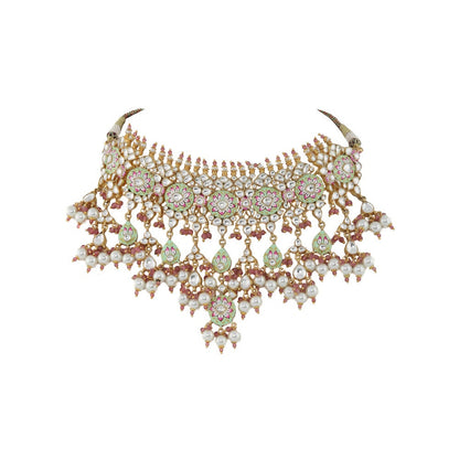RIANA JEWELLERY Light Green and Pink Meena Work Necklace Set With Pearl (Set of 2)