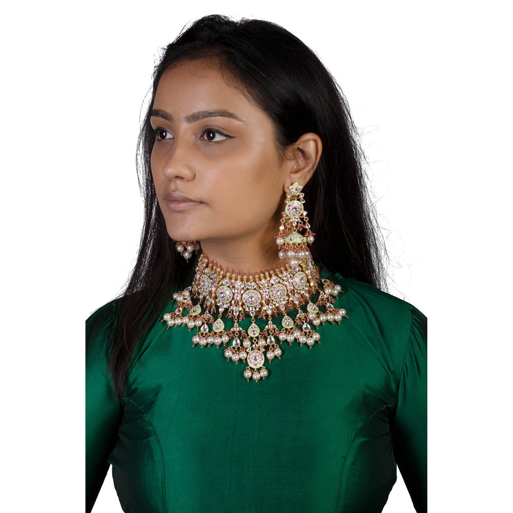 RIANA JEWELLERY Light Green and Pink Meena Work Necklace Set With Pearl (Set of 2)