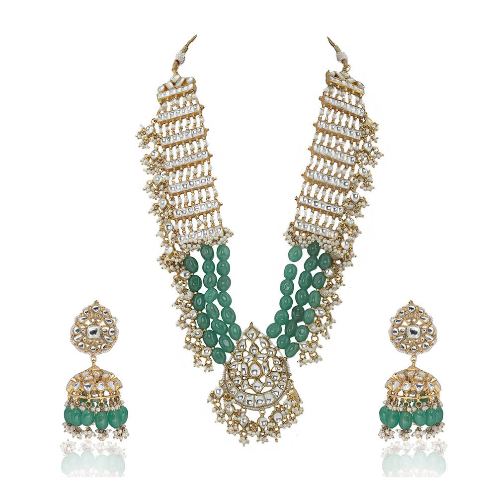 RIANA JEWELLERY Necklace Set with Beads, Pearls & Jadtar Stones, with Jhumki Earrings (Set of 2)