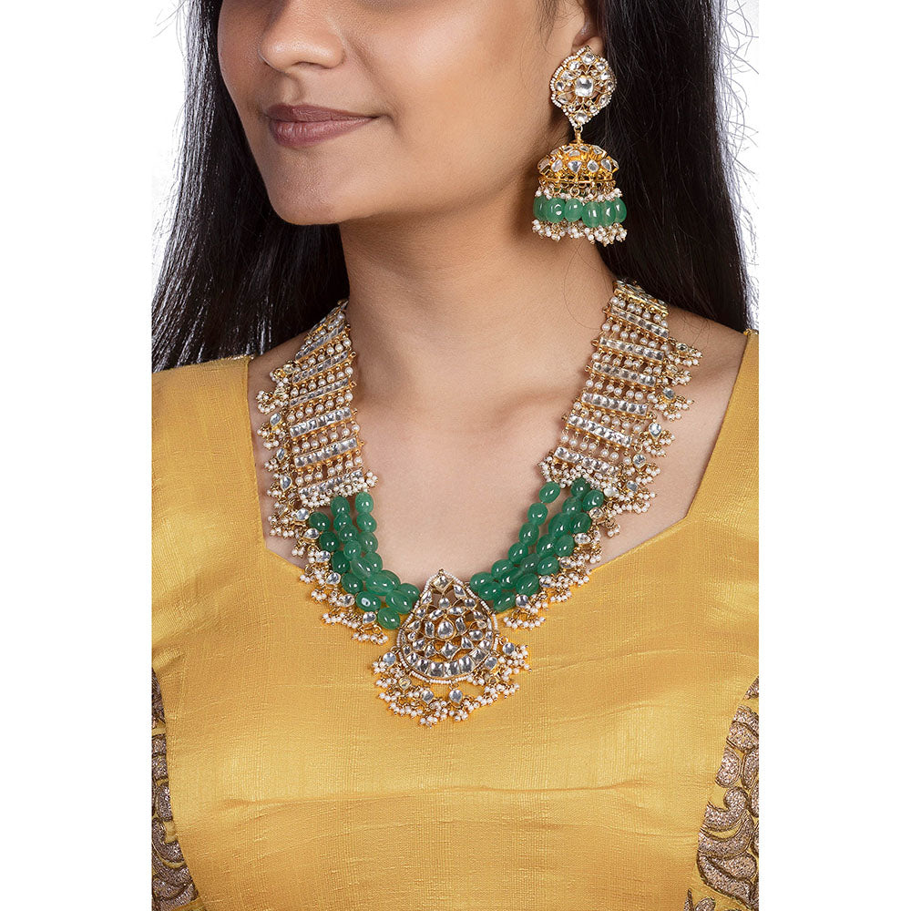 RIANA JEWELLERY Necklace Set with Beads, Pearls & Jadtar Stones, with Jhumki Earrings (Set of 2)