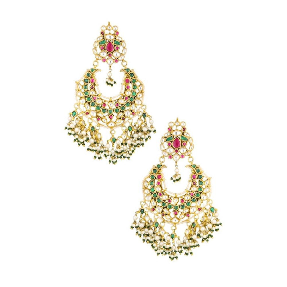 RIANA JEWELLERY Multi Chand Baali Silver Earrings With Green Hangings