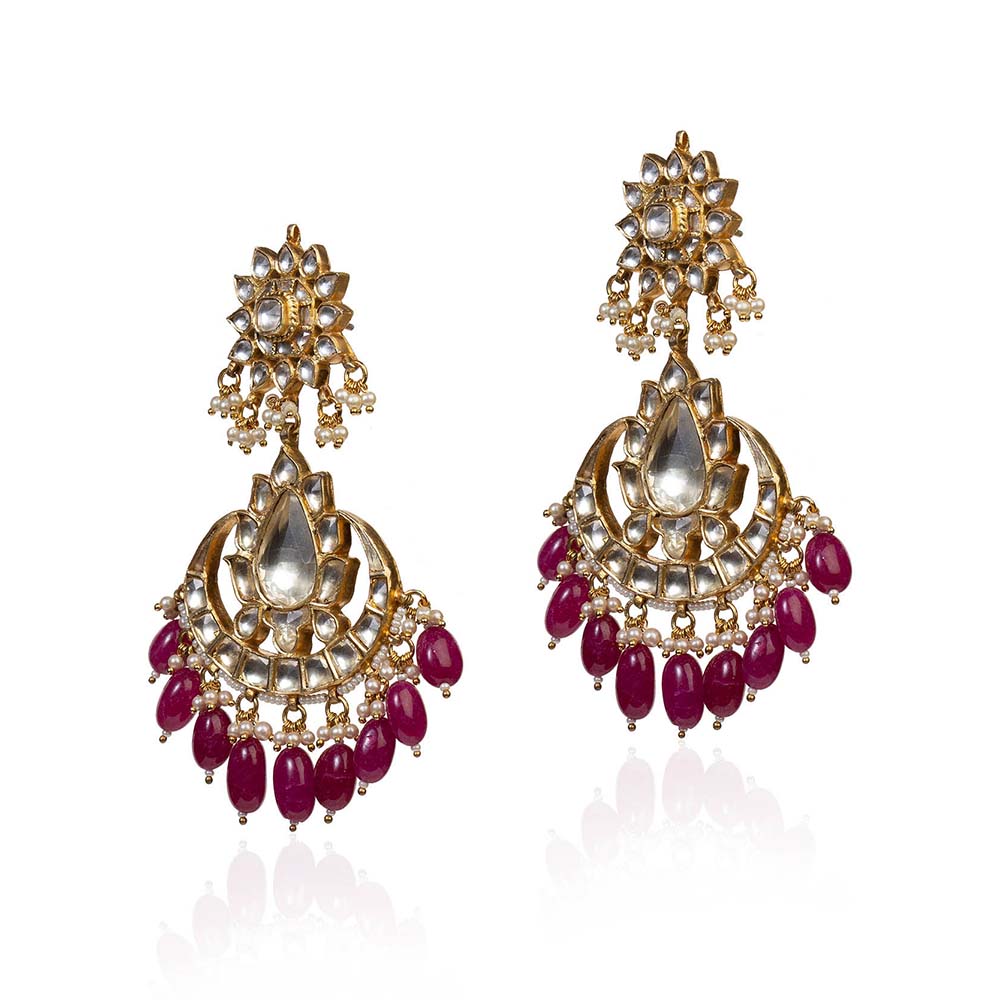 RIANA JEWELLERY White Jadtar Stone Earrings With Pink Beads and White Hangings