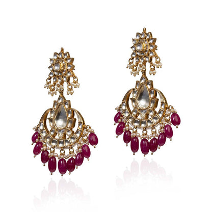 RIANA JEWELLERY White Jadtar Stone Earrings With Pink Beads and White Hangings