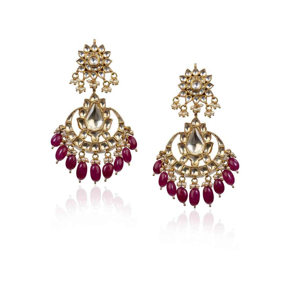 RIANA JEWELLERY White Jadtar Stone Earrings With Pink Beads and White Hangings