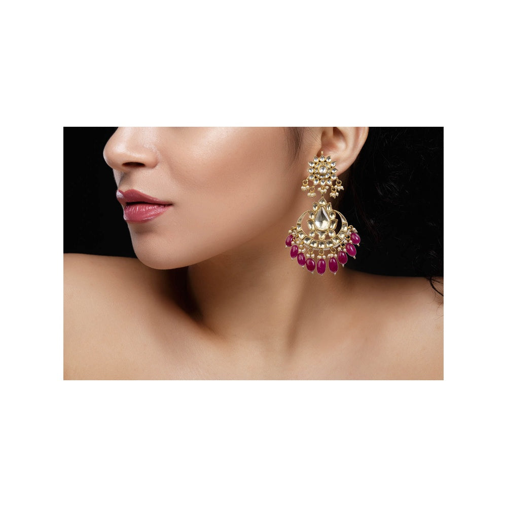 RIANA JEWELLERY White Jadtar Stone Earrings With Pink Beads and White Hangings