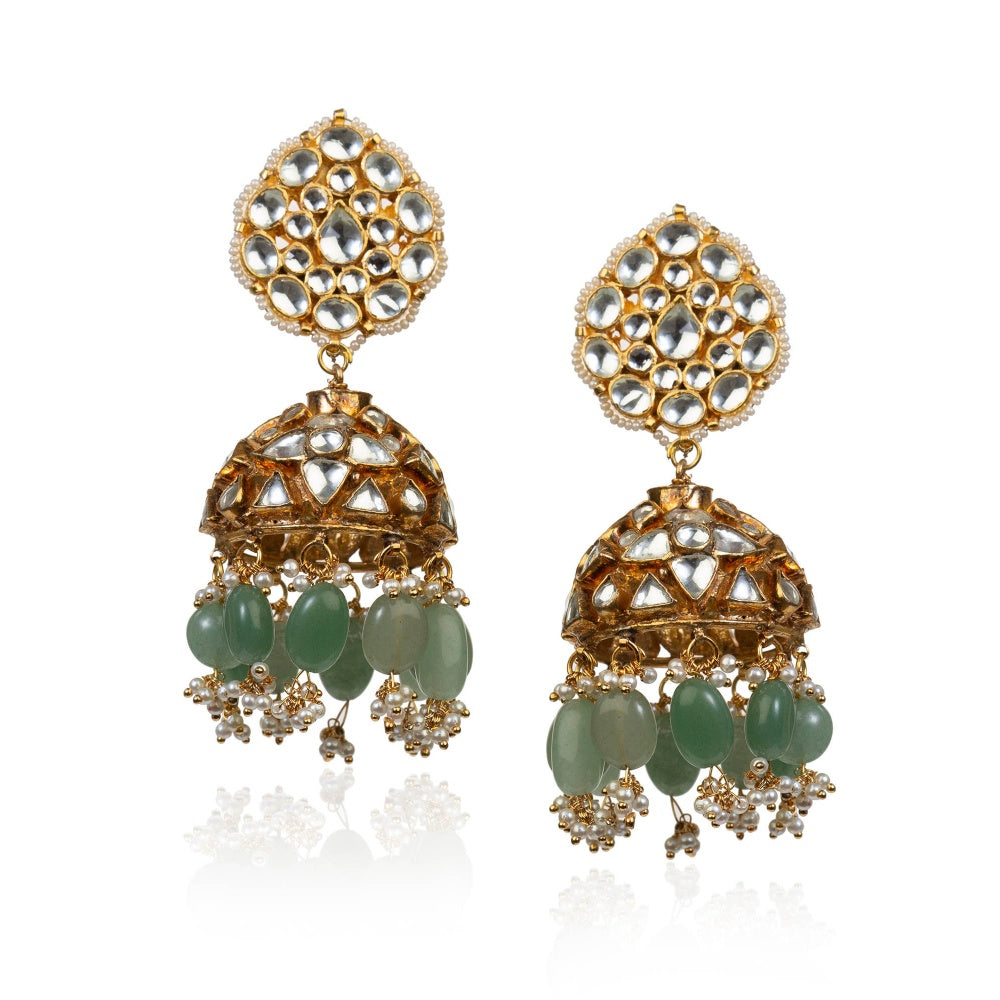 RIANA JEWELLERY White Stone Jhumki With Sea Green Beads