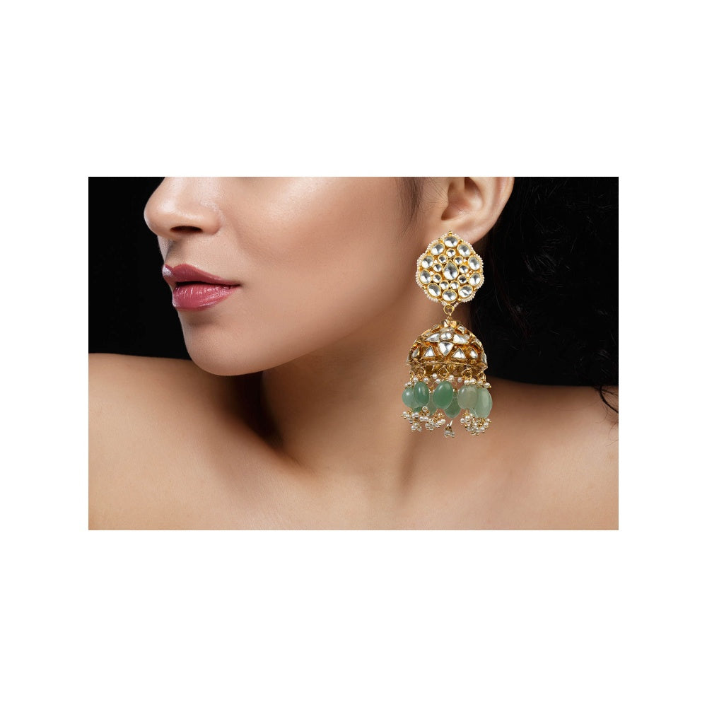 RIANA JEWELLERY White Stone Jhumki With Sea Green Beads