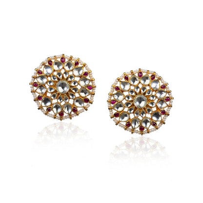 RIANA JEWELLERY Round Stud Earrings With Pink and White Stones With Pearl