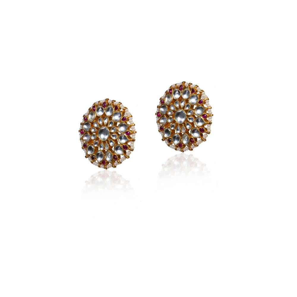 RIANA JEWELLERY Round Stud Earrings With Pink and White Stones With Pearl
