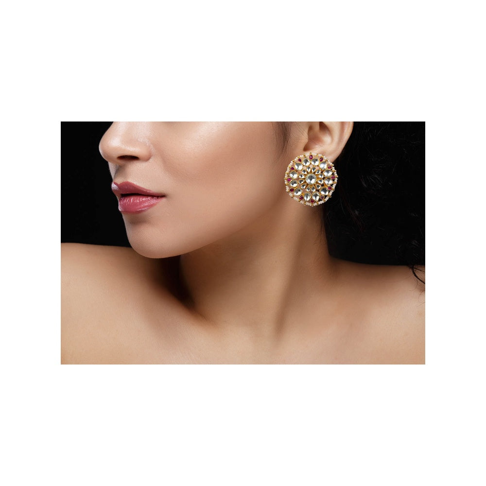 RIANA JEWELLERY Round Stud Earrings With Pink and White Stones With Pearl