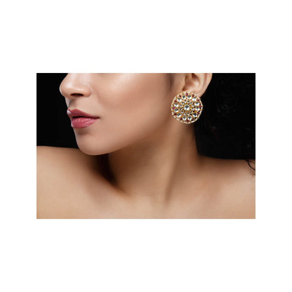 RIANA JEWELLERY Round Stud Earrings With Pink and White Stones With Pearl