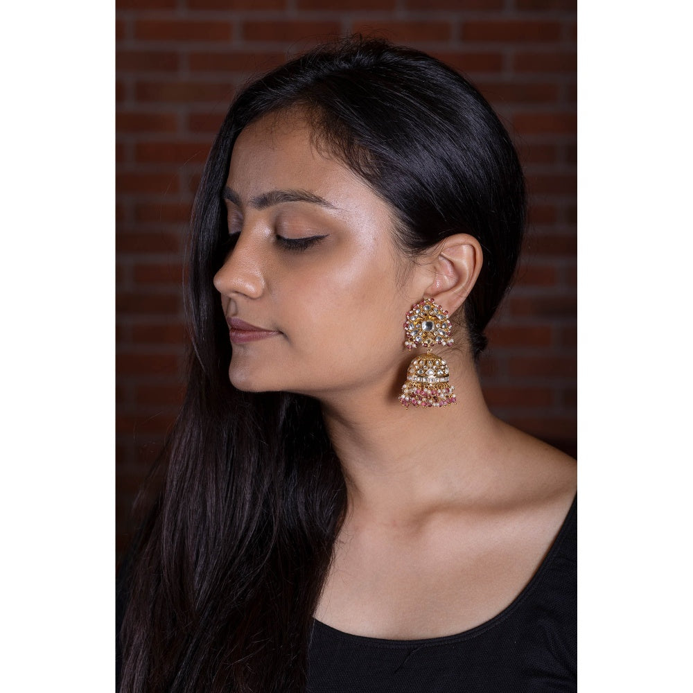 RIANA JEWELLERY White Jadtar Stone Jhumki Earrings Beaded With Light Pink Beads and Pearl