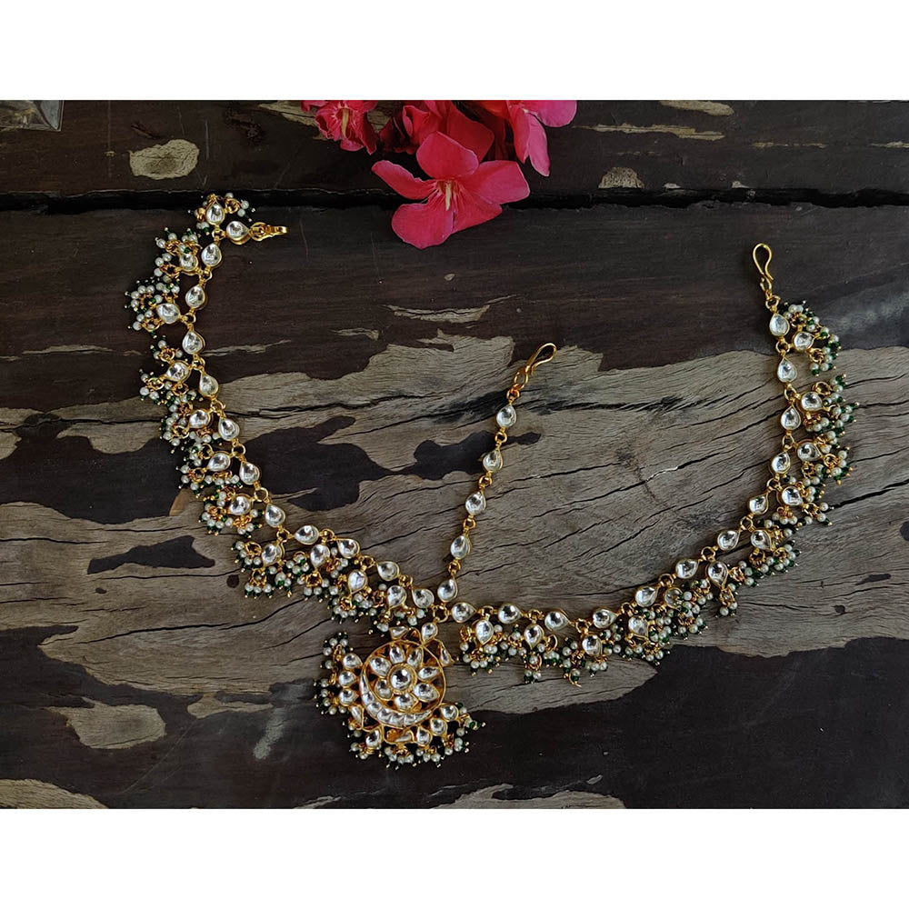 RIANA JEWELLERY White Stone Mathapatti With Green Hangings