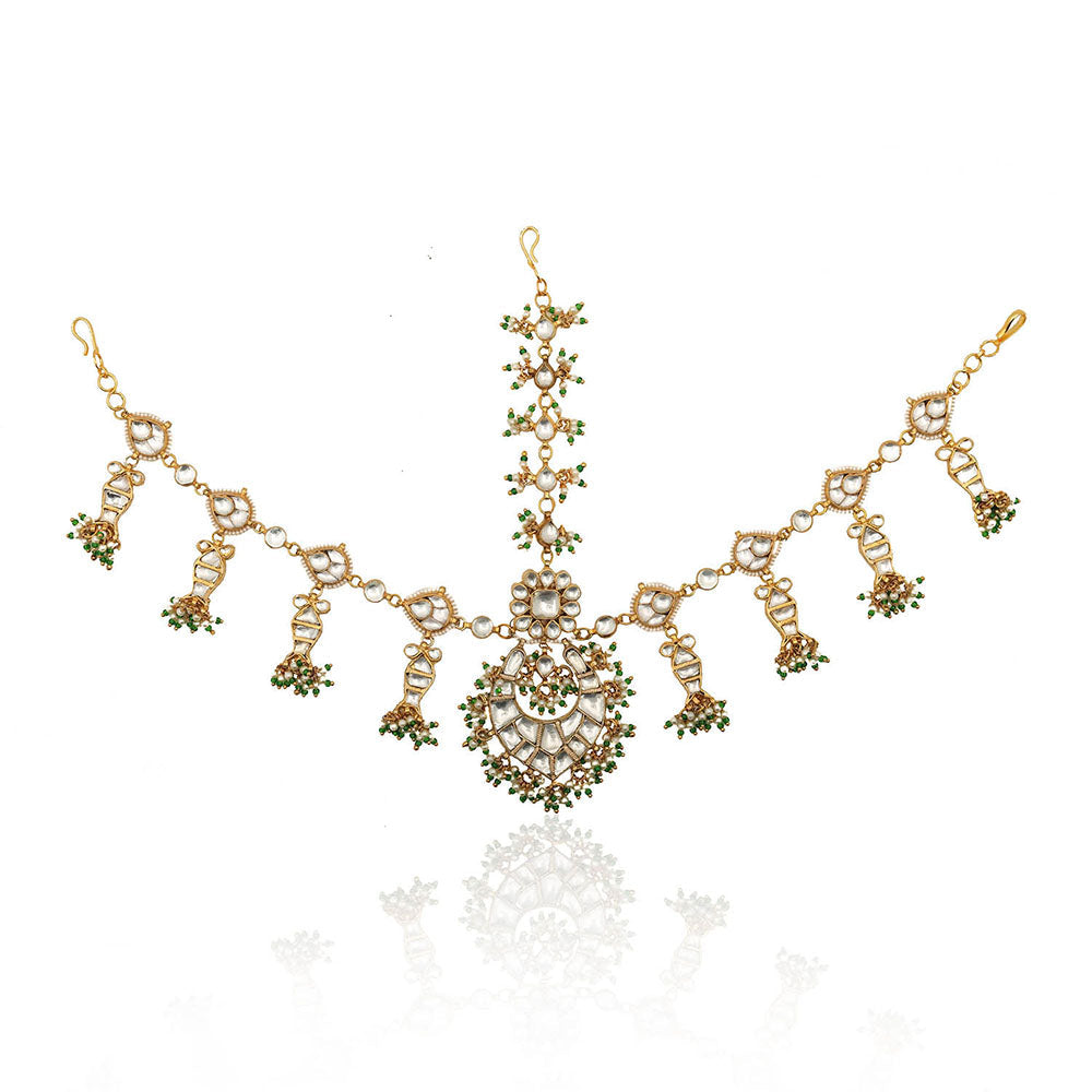 RIANA JEWELLERY Chand and Fish One Line Mathapatti With Green Lariya
