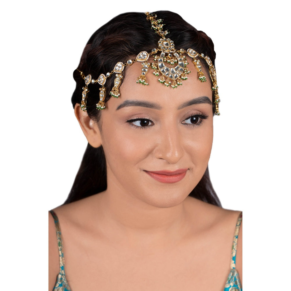 RIANA JEWELLERY Chand and Fish One Line Mathapatti With Green Lariya