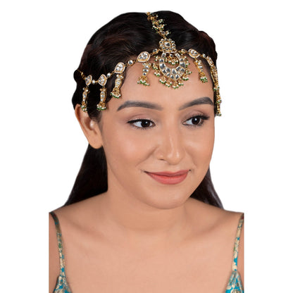 RIANA JEWELLERY Chand and Fish One Line Mathapatti With Green Lariya