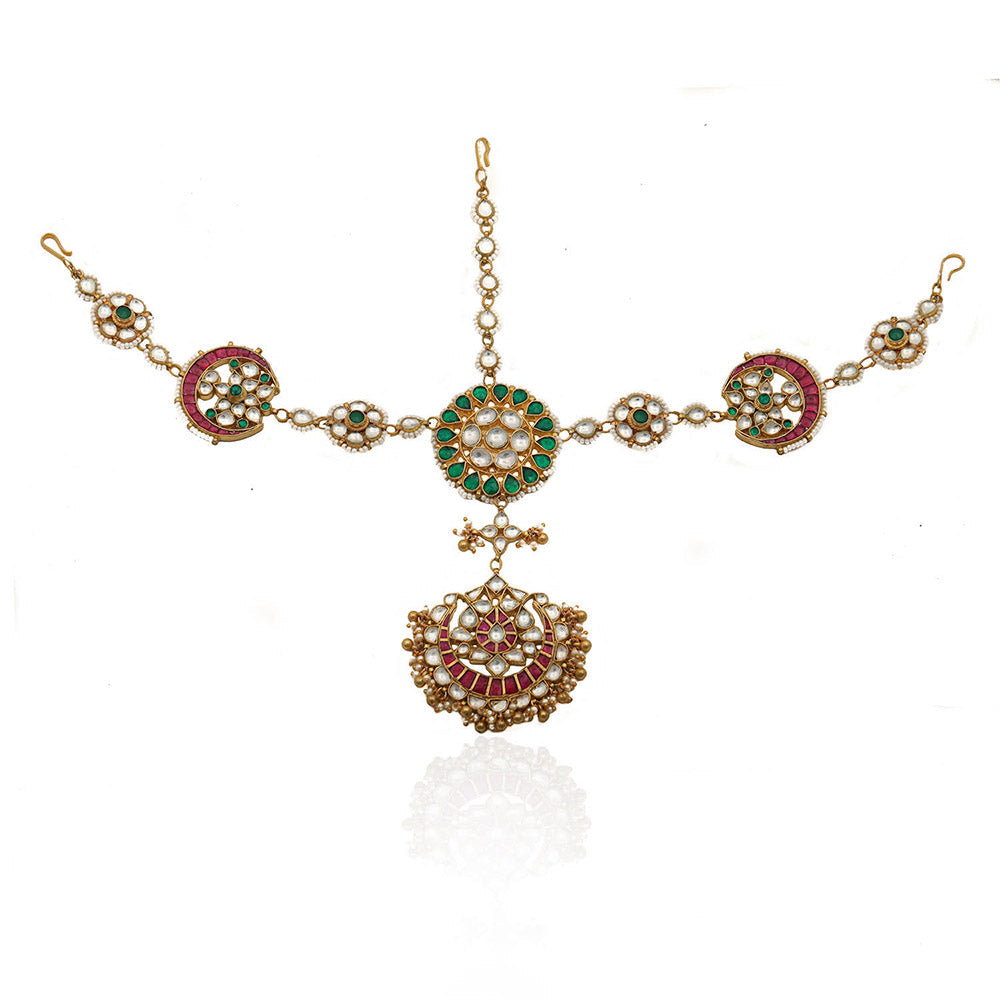 RIANA JEWELLERY Hair Band Pink Ball Tikka Green Centre Mathapatti