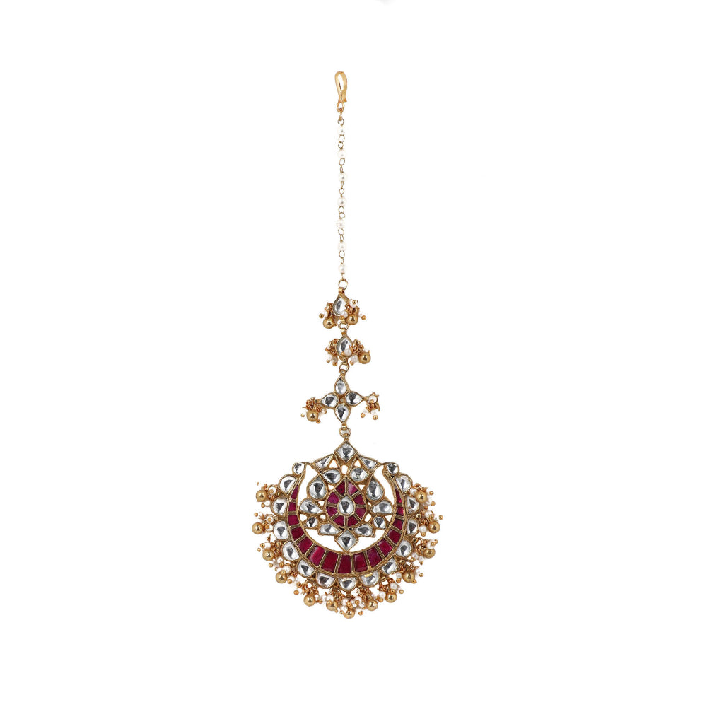 RIANA JEWELLERY White and Pink Stone Tikka With Golden Balls