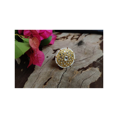RIANA JEWELLERY Round Shaped Ring Studded White Jadtar Stone In Moti Work