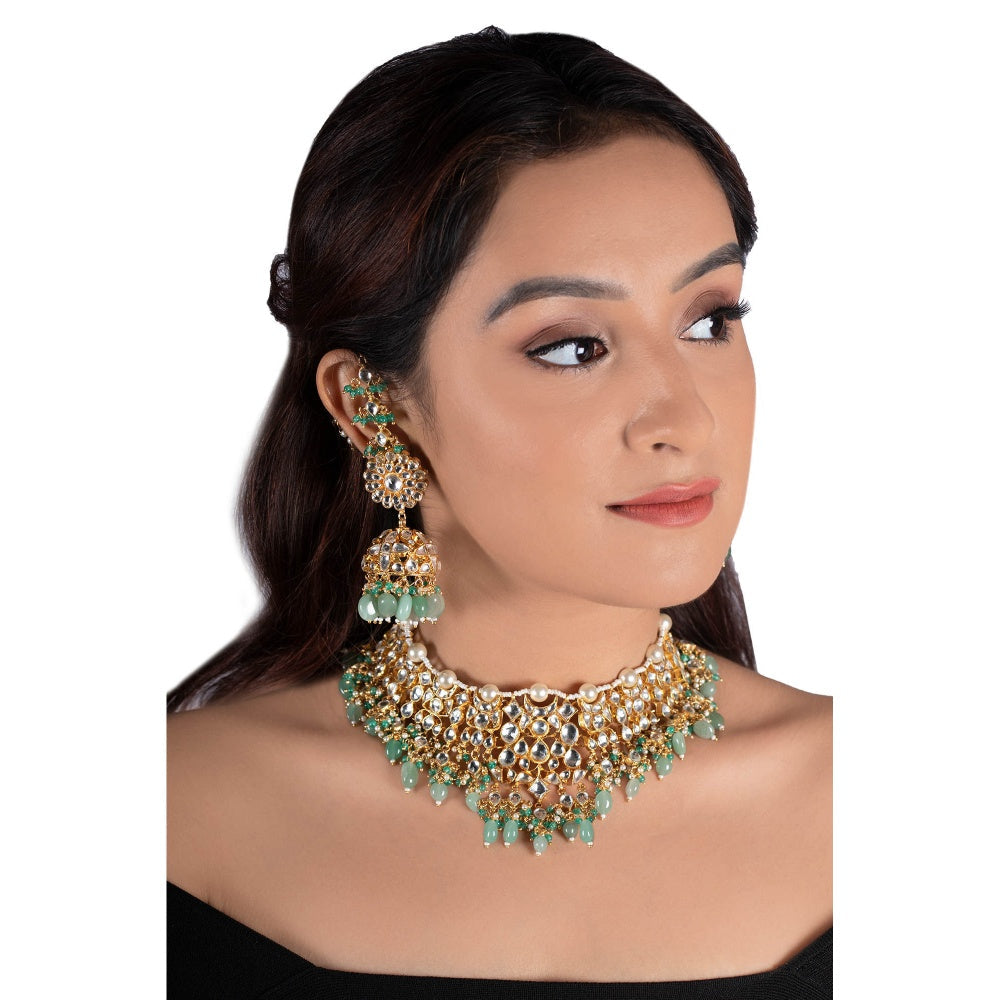 RIANA JEWELLERY White Jadtar Stone Necklace With Pearl & Sea Green Beads With Jhumki (Set of 2)
