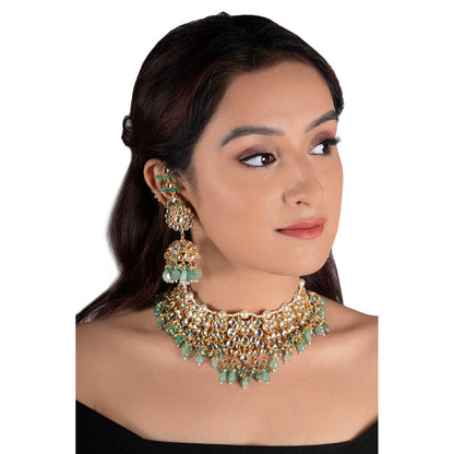 RIANA JEWELLERY White Jadtar Stone Necklace With Pearl & Sea Green Beads With Jhumki (Set of 2)
