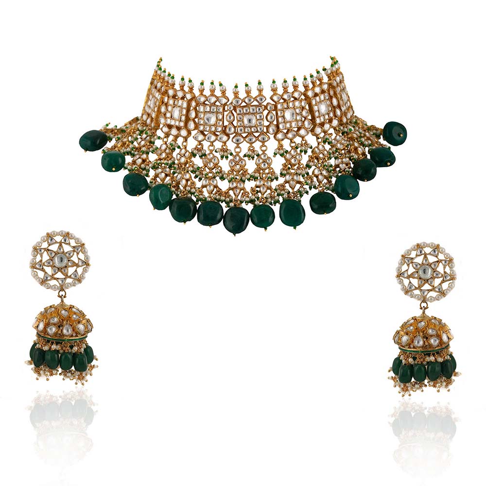 RIANA JEWELLERY Square Shape Necklace Hanging With Big Dark Green Beads (Set of 2)