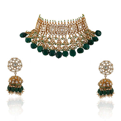 RIANA JEWELLERY Square Shape Necklace Hanging With Big Dark Green Beads (Set of 2)