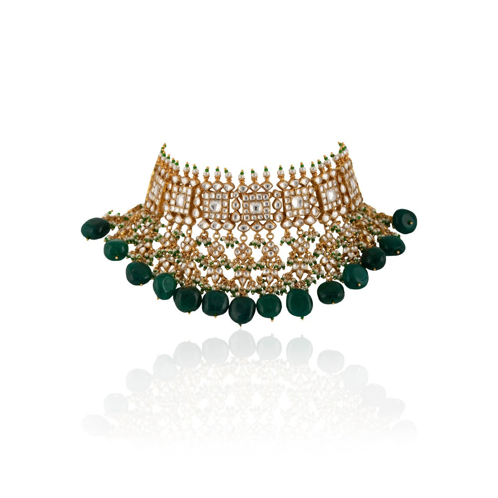 RIANA JEWELLERY Square Shape Necklace Hanging With Big Dark Green Beads (Set of 2)