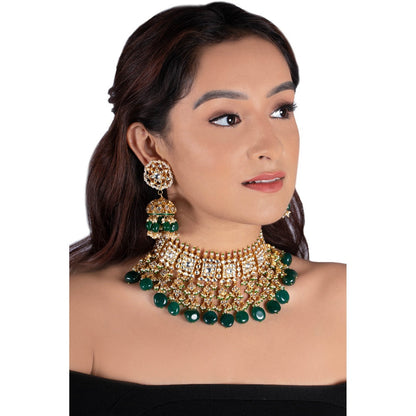 RIANA JEWELLERY Square Shape Necklace Hanging With Big Dark Green Beads (Set of 2)