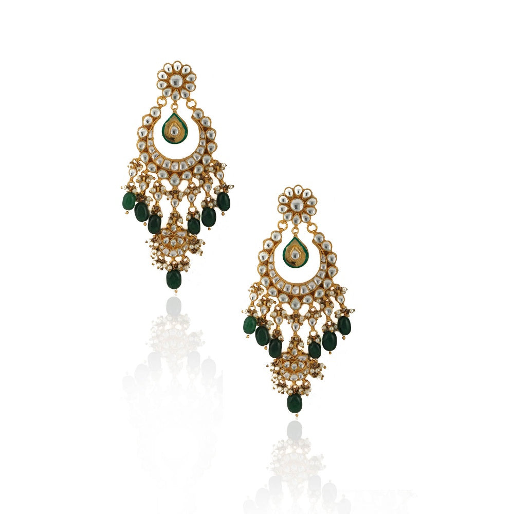 RIANA JEWELLERY White Jadtar Stone Double Necklace Set With Green Beads (Set of 2)