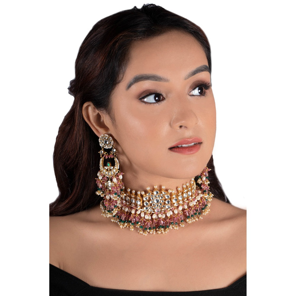 RIANA JEWELLERY White Stone Necklace Set With Light Pink Beads and White Pearl (Set of 2)