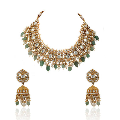 RIANA JEWELLERY White Stone Necklace Set With Pearl and Sea Green Beads (Set of 2)