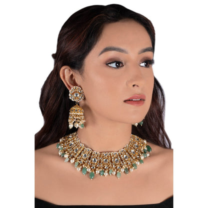 RIANA JEWELLERY White Stone Necklace Set With Pearl and Sea Green Beads (Set of 2)