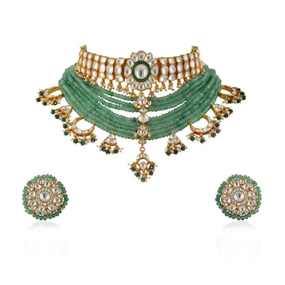 RIANA JEWELLERY White Choker Set Attached In 8 Line Sea Green Beads With Green Hanging (Set of 2)
