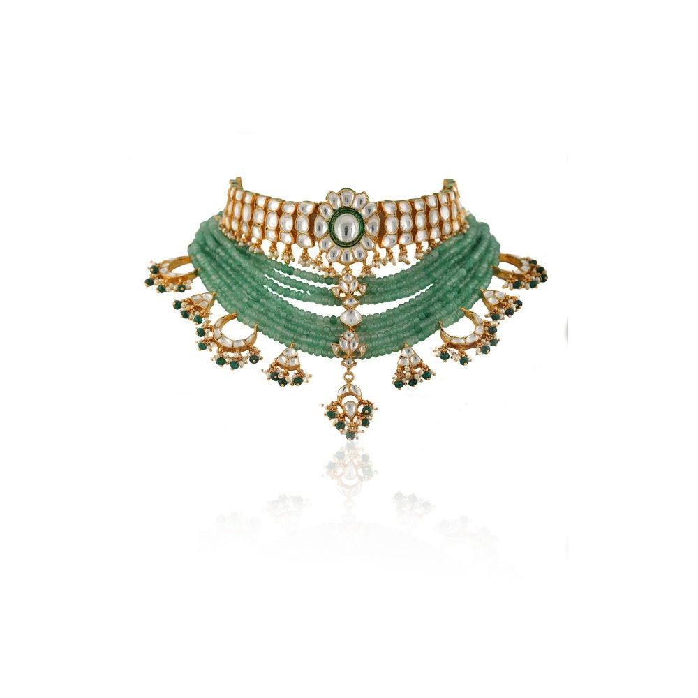 RIANA JEWELLERY White Choker Set Attached In 8 Line Sea Green Beads With Green Hanging (Set of 2)