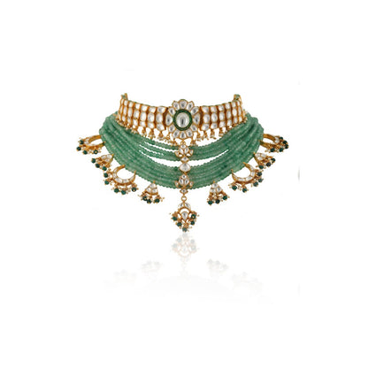 RIANA JEWELLERY White Choker Set Attached In 8 Line Sea Green Beads With Green Hanging (Set of 2)
