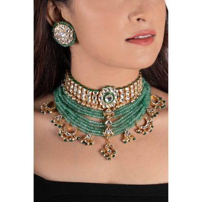 RIANA JEWELLERY White Choker Set Attached In 8 Line Sea Green Beads With Green Hanging (Set of 2)